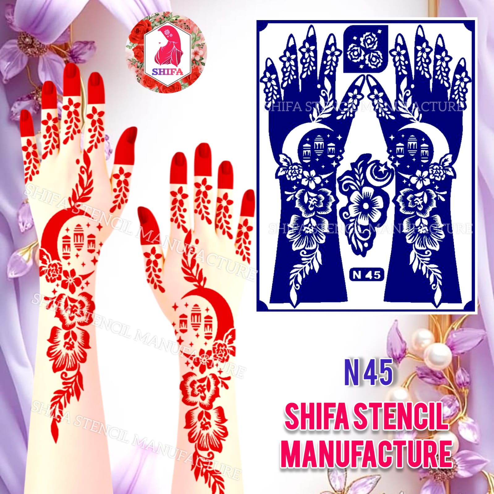 N 45 Aura Crescent Vines Sticker Overview Henna Stencil - Shifa Stencil